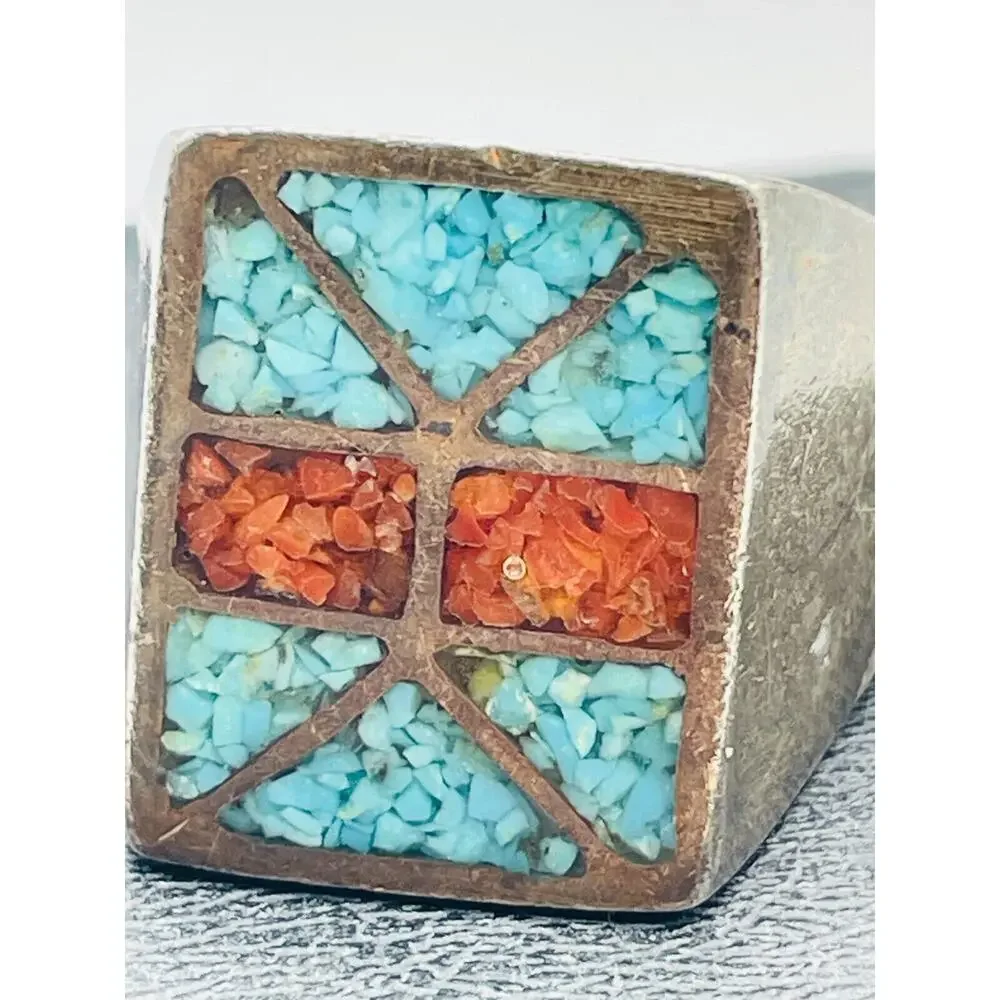 Crushed Turquoise and Coral Inlay Sterling Silver Ring Size 9.5 Native American